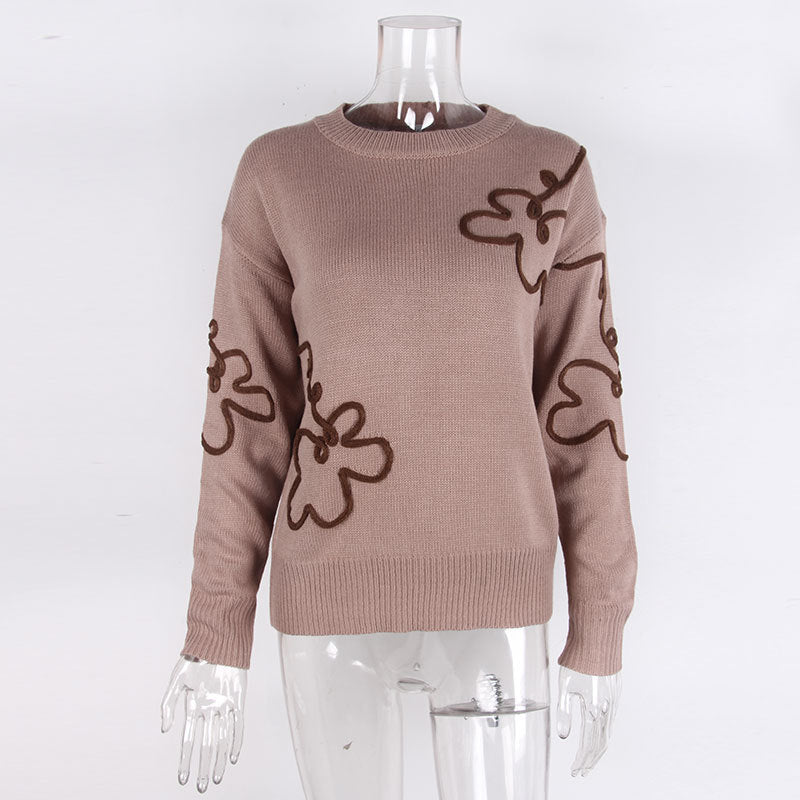 Cross-Border European and American Autumn Winter New Women's Sweater Fashion Flower Three-Dimensional Embroidery Round Neck Pullover Long Sleeve Knitted Sweater for Women