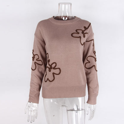 Cross-Border European and American Autumn Winter New Women's Sweater Fashion Flower Three-Dimensional Embroidery Round Neck Pullover Long Sleeve Knitted Sweater for Women