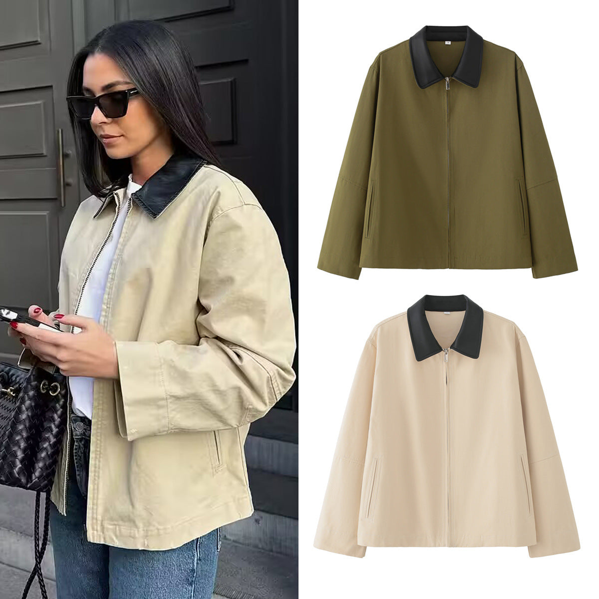 Cross-Border Foreign Trade Women's Clothing2025Autumn European and American Style Turn-Down Collar Long Sleeve Retro Color-Block Jacket Baseball Coat for Women A15057