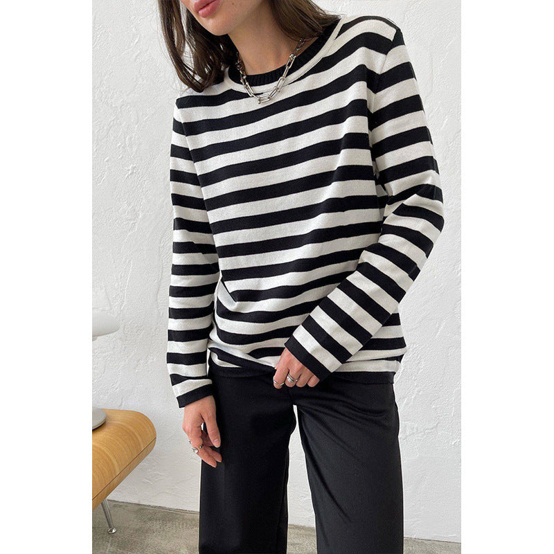 Cross-border Round Neck Knitted Striped Sweater European and American Style2025Spring Versatile Classic Retro Striped Pullover Sweater for Women