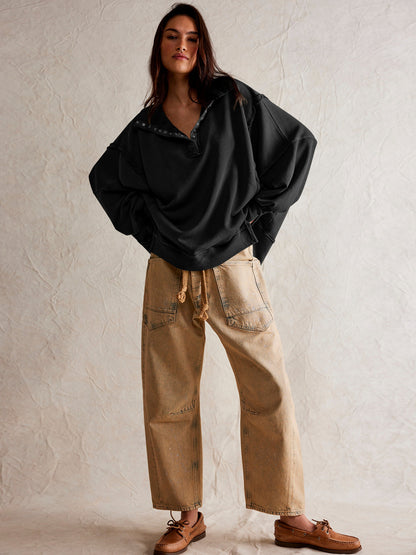 2024Amazon Hot-Selling Design Women's High-Quality Lantern Sleeve Decorative Line Split Collar Loose Sweatshirt