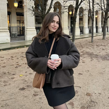 Foreign Trade Women's Clothing Wholesale2025Spring and Autumn New Casual Leather and Fur Integrated Double-Sided Jacket with Turn-Down Collar B88681