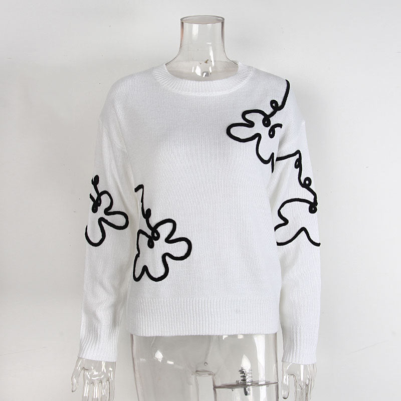 Cross-Border European and American Autumn Winter New Women's Sweater Fashion Flower Three-Dimensional Embroidery Round Neck Pullover Long Sleeve Knitted Sweater for Women
