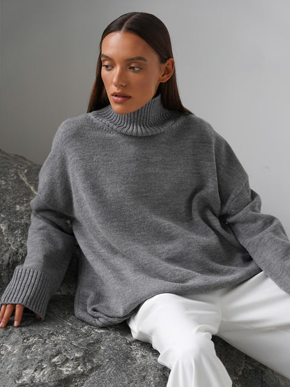 Cross-Border2025Hot-Selling European and American Style Autumn Winter Solid Color High Neck Knitted Sweater Loose Slimming Versatile Knitted Sweater for Women