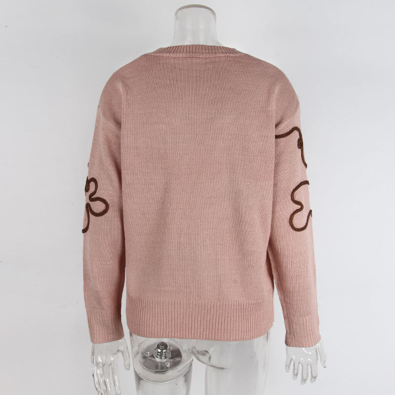 Cross-Border European and American Autumn Winter New Women's Sweater Fashion Flower Three-Dimensional Embroidery Round Neck Pullover Long Sleeve Knitted Sweater for Women