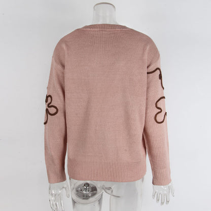 Cross-Border European and American Autumn Winter New Women's Sweater Fashion Flower Three-Dimensional Embroidery Round Neck Pullover Long Sleeve Knitted Sweater for Women