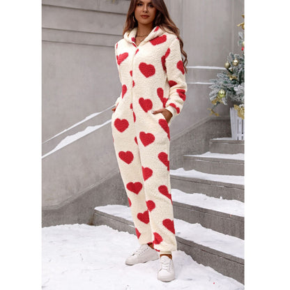 Shiny Velvet2023Cross-border European and American Women's Clothing Amazon Autumn and Winter New Plush Love Heart Print Christmas Hooded Jumpsuit