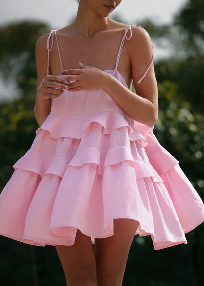 Cross-border spaghetti strap dress European and American style2025Summer Multi-layer Ruffle Cake Dress Short Backless Strap Dress