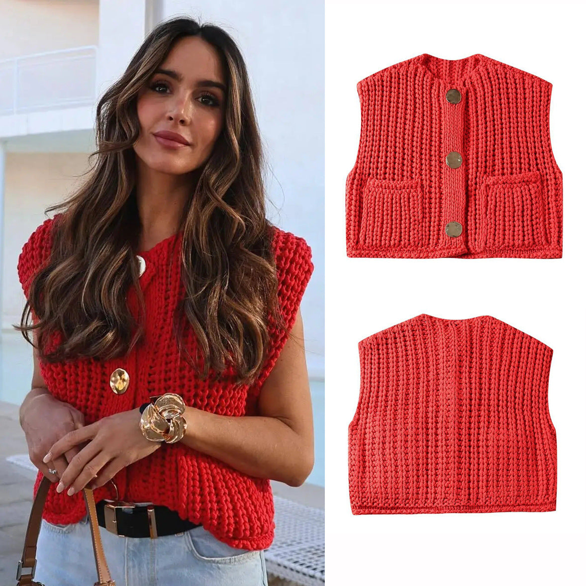 11Color Amazon2024Spring and Autumn New Women's Fashion European and American Style Pocket Sleeveless Short Knitted Cardigan Vest