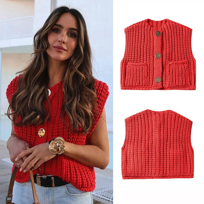 11Color Amazon2024Spring and Autumn New Women's Fashion European and American Style Pocket Sleeveless Short Knitted Cardigan Vest