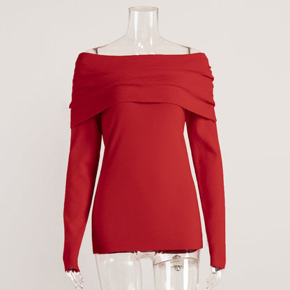Cross-border Women's Sweater2025Autumn Winter European American Style Long Sleeve Knitted Bottoming Shirt One Shoulder Sexy Slim Off Shoulder Top