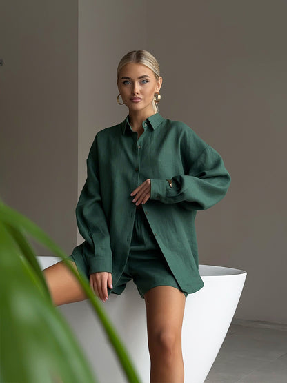 Cross-border pure cotton cardigan long sleeve shorts set2025Spring and summer outerwear simple solid color European and American style casual suit for women