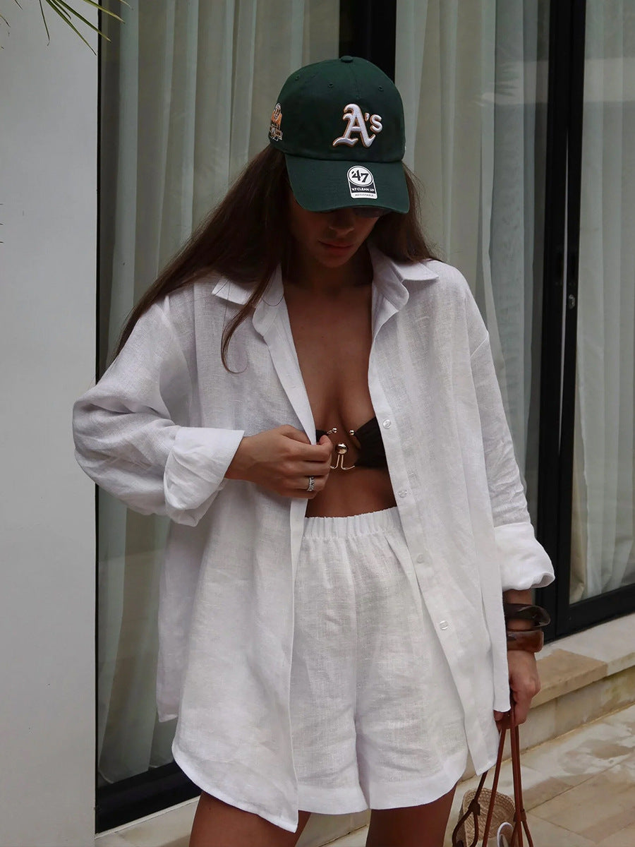 Cross-border pure cotton cardigan long sleeve shorts set2025Spring and summer outerwear simple solid color European and American style casual suit for women