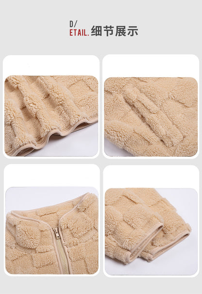 Shiny Velvet2023Autumn and Winter New Cross-Border European and American Women's Long Sleeve Cardigan Zipper Loose Solid Color Plaid Fuzzy Coat