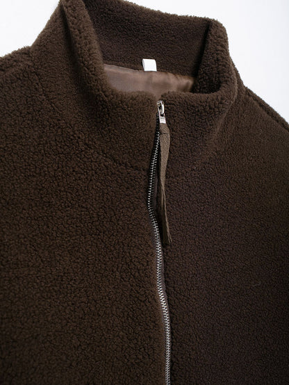 Cross-Border2024European and American Style Autumn Winter New Women's Solid Color Lazy Style Lamb Wool High Neck Woolen Coat A65002