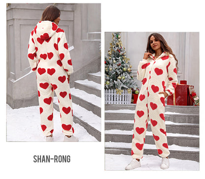 Shiny Velvet2023Cross-border European and American Women's Clothing Amazon Autumn and Winter New Plush Love Heart Print Christmas Hooded Jumpsuit