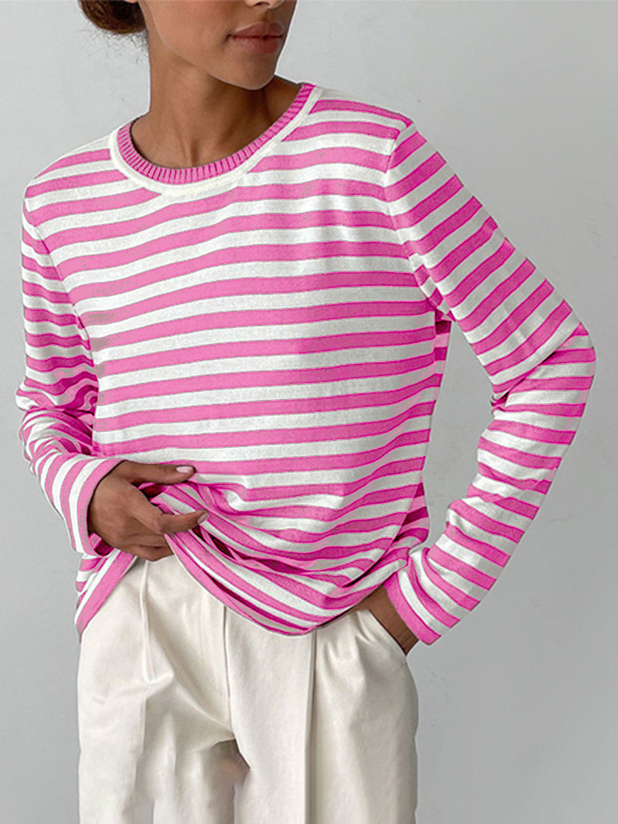 Cross-border Round Neck Knitted Striped Sweater European and American Style2025Spring Versatile Classic Retro Striped Pullover Sweater for Women