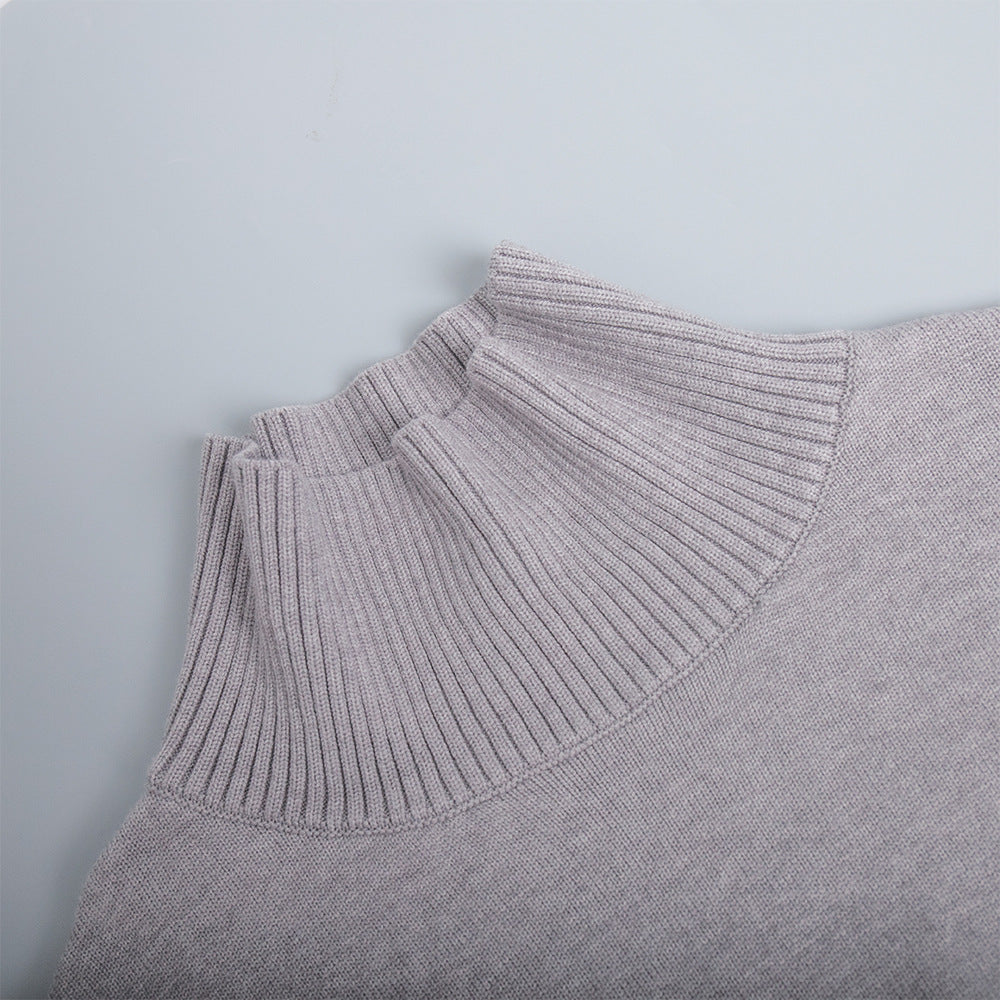 Cross-Border2025Hot-Selling European and American Style Autumn Winter Solid Color High Neck Knitted Sweater Loose Slimming Versatile Knitted Sweater for Women