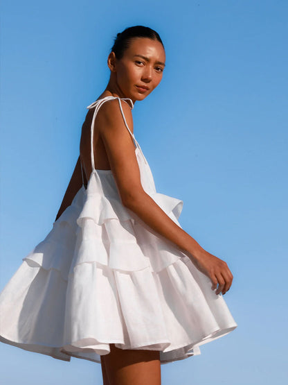 Cross-border spaghetti strap dress European and American style2025Summer Multi-layer Ruffle Cake Dress Short Backless Strap Dress