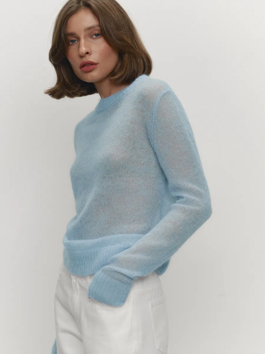 Cross-border Mohair Crew Neck Pullover Sweater European and American Style2025Spring and Summer New Comfortable Knitted Base Semi-Transparent Sweater for Women