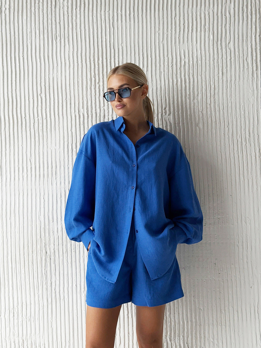 Cross-border pure cotton cardigan long sleeve shorts set2025Spring and summer outerwear simple solid color European and American style casual suit for women