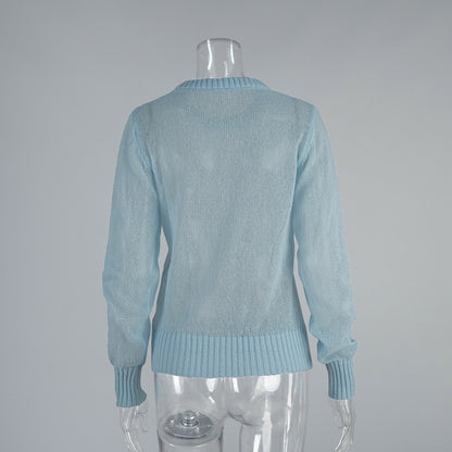 Cross-border Mohair Crew Neck Pullover Sweater European and American Style2025Spring and Summer New Comfortable Knitted Base Semi-Transparent Sweater for Women
