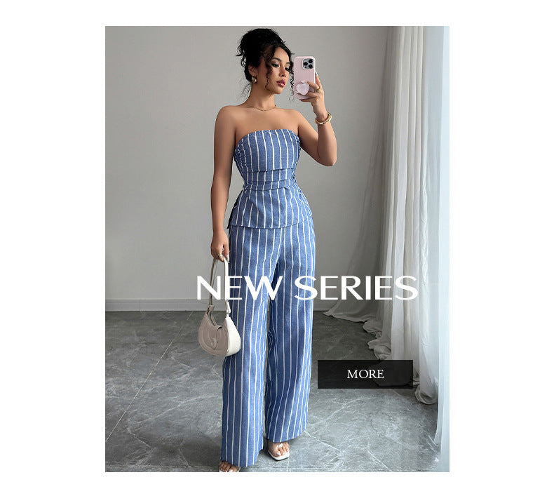 Cross-border Fashion Elegant Strapless Striped Long Pants Two-piece Set Women's Clothing2025Spring and Summer Amazon Non-Iron Comfortable