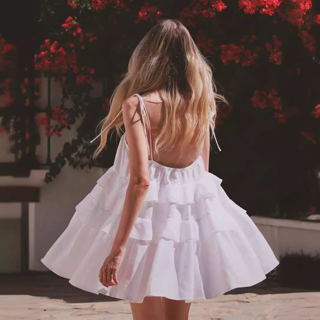 Cross-border spaghetti strap dress European and American style2025Summer Multi-layer Ruffle Cake Dress Short Backless Strap Dress