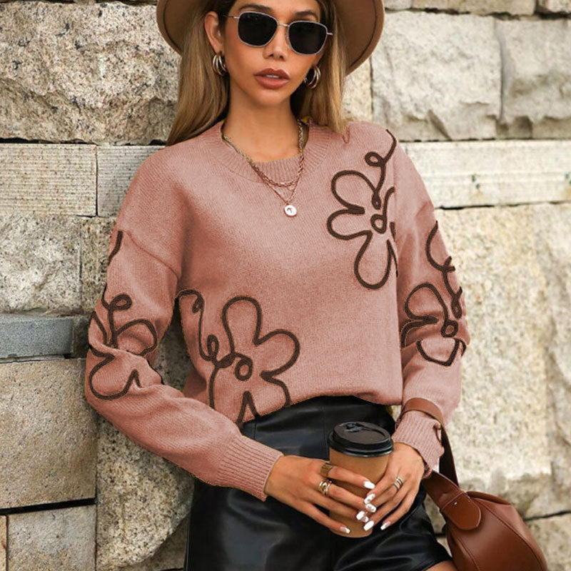 Cross-Border European and American Autumn Winter New Women's Sweater Fashion Flower Three-Dimensional Embroidery Round Neck Pullover Long Sleeve Knitted Sweater for Women