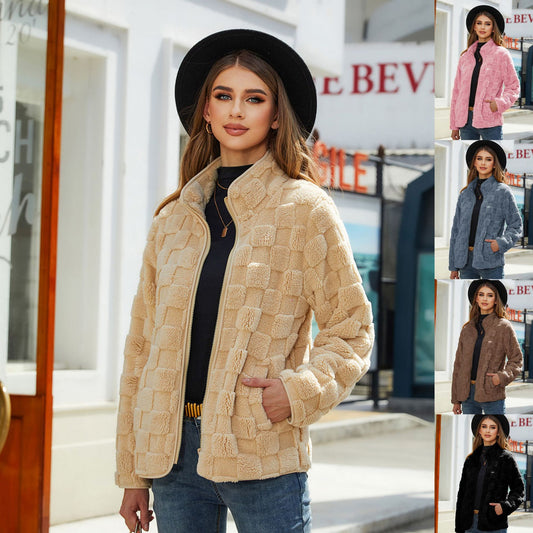 Shiny Velvet2023Autumn and Winter New Cross-Border European and American Women's Long Sleeve Cardigan Zipper Loose Solid Color Plaid Fuzzy Coat