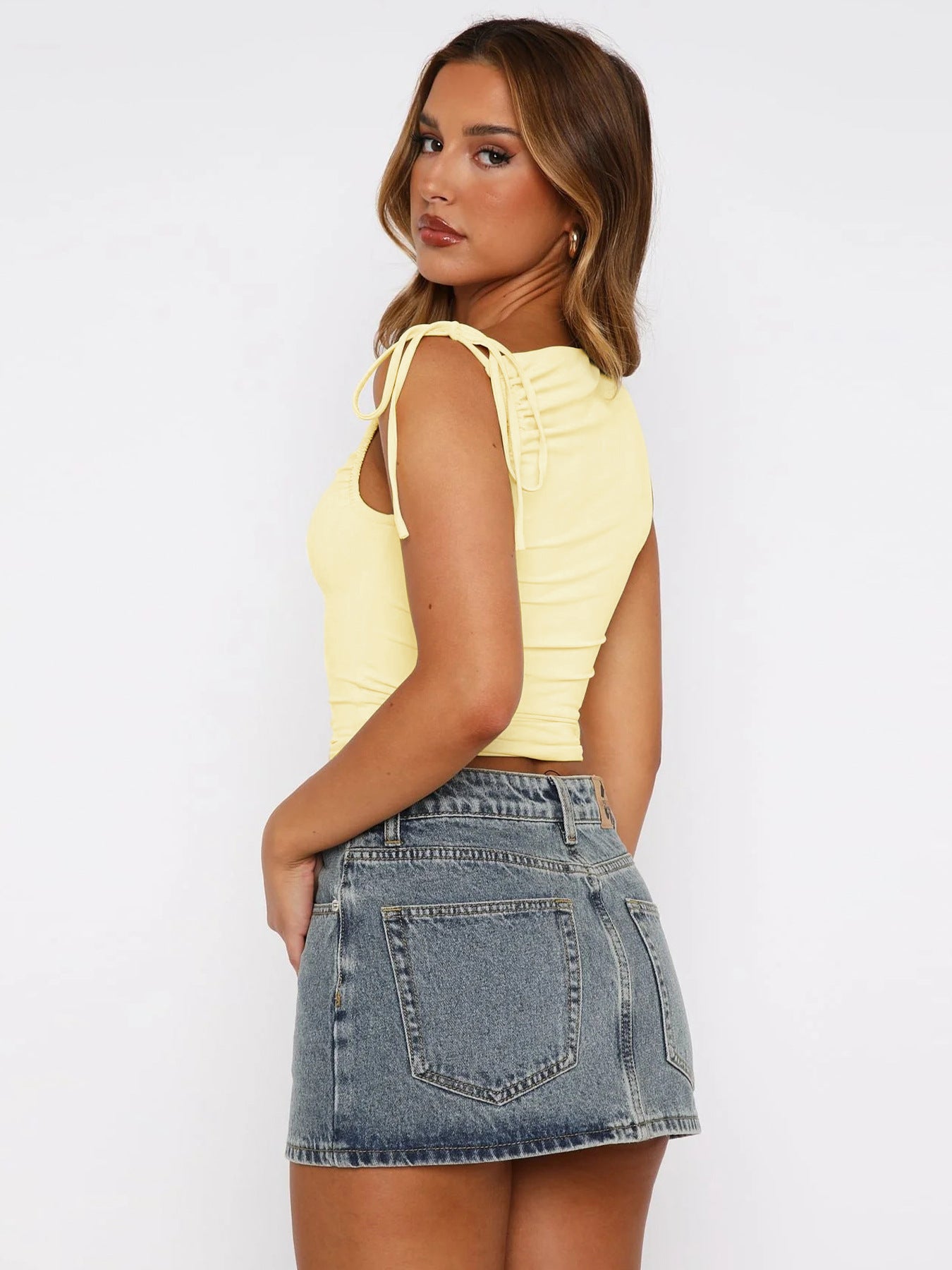 European and american women's clothing2025Spring Summer New Fashion Personality Irregular Strap Drawstring Tie Pleated Crop Top for Women