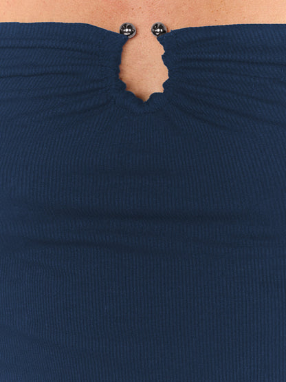 Sultyra Off-Shoulder Metal Buckle Ruched Slim Fit Long Sleeve