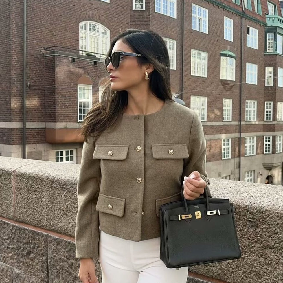 Wholesale Cross-Border Amazon Autumn Winter New Women's Fashion Small Fragrance Style Button Decor Short Blazer B88646