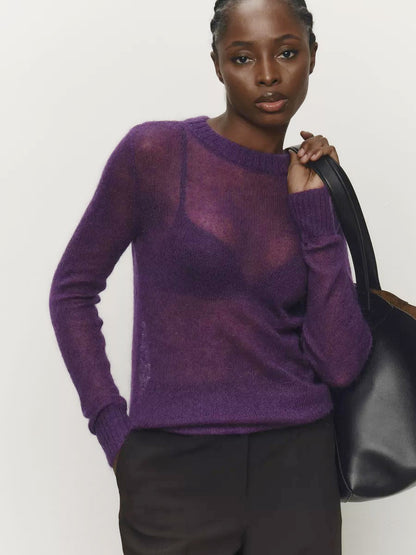 Cross-border Mohair Crew Neck Pullover Sweater European and American Style2025Spring and Summer New Comfortable Knitted Base Semi-Transparent Sweater for Women