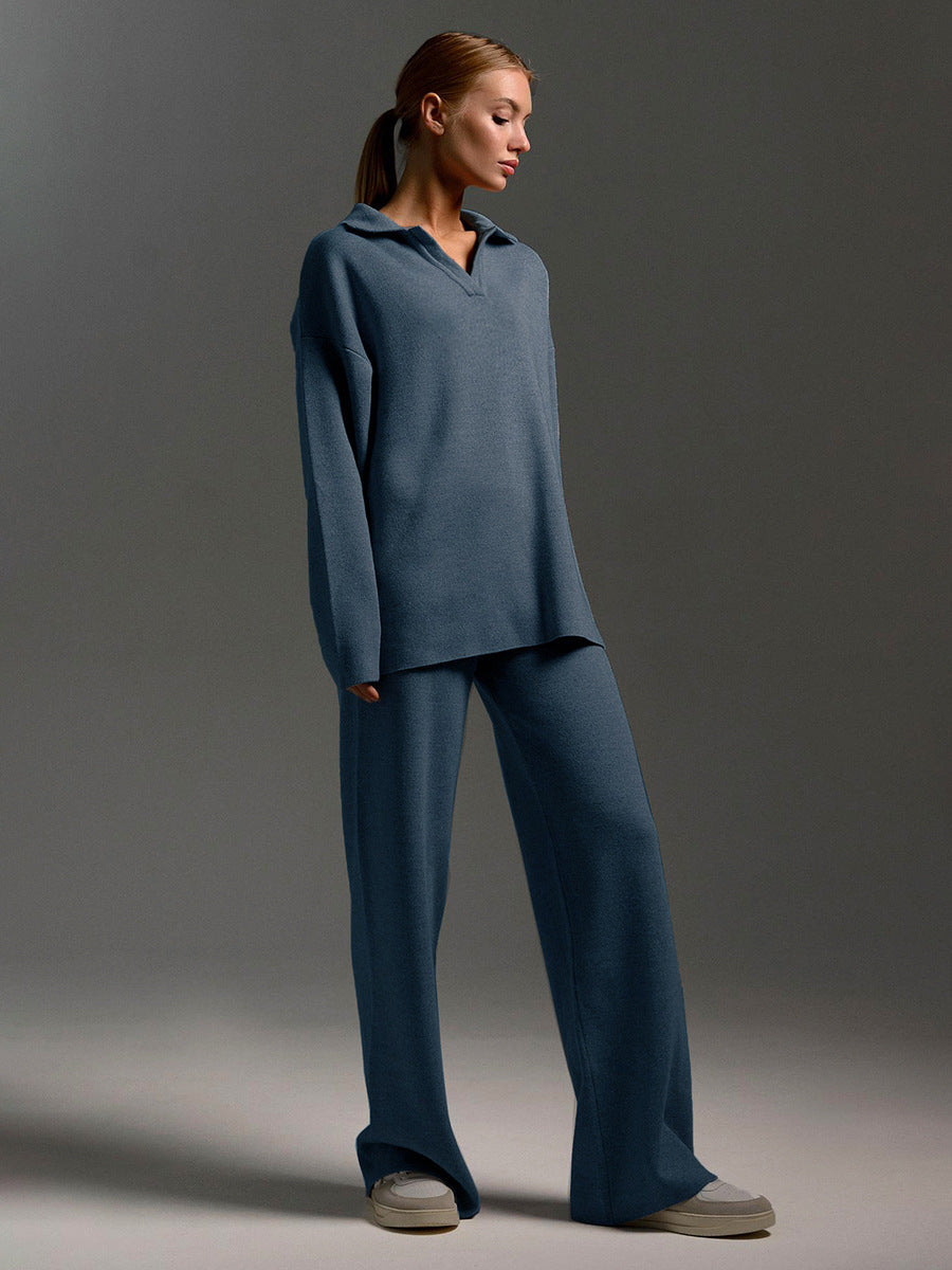 Sultyra Sweater Suit Polo Knitted Pullover Sweater+Wide-leg Pants Two-piece Set