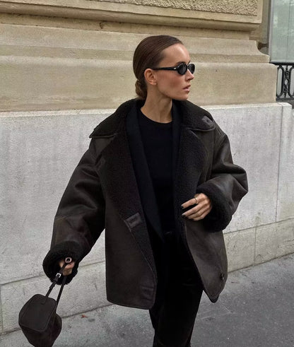 Foreign Trade Women's Clothing Wholesale2025Spring and Autumn New Casual Leather and Fur Integrated Double-Sided Jacket with Turn-Down Collar B88681