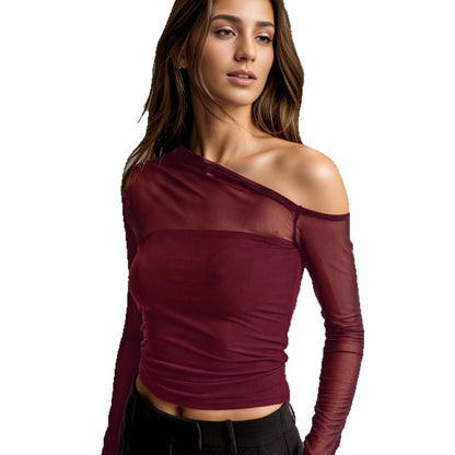European and American Autumn New Foreign Trade Mesh Patchwork Sheer Asymmetrical Long Sleeve T T-shirt Pure Desire Sexy Unique Regular Shoulder Top