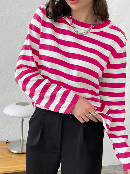 Cross-border Round Neck Knitted Striped Sweater European and American Style2025Spring Versatile Classic Retro Striped Pullover Sweater for Women