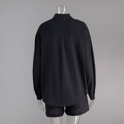 Cross-border pure cotton cardigan long sleeve shorts set2025Spring and summer outerwear simple solid color European and American style casual suit for women