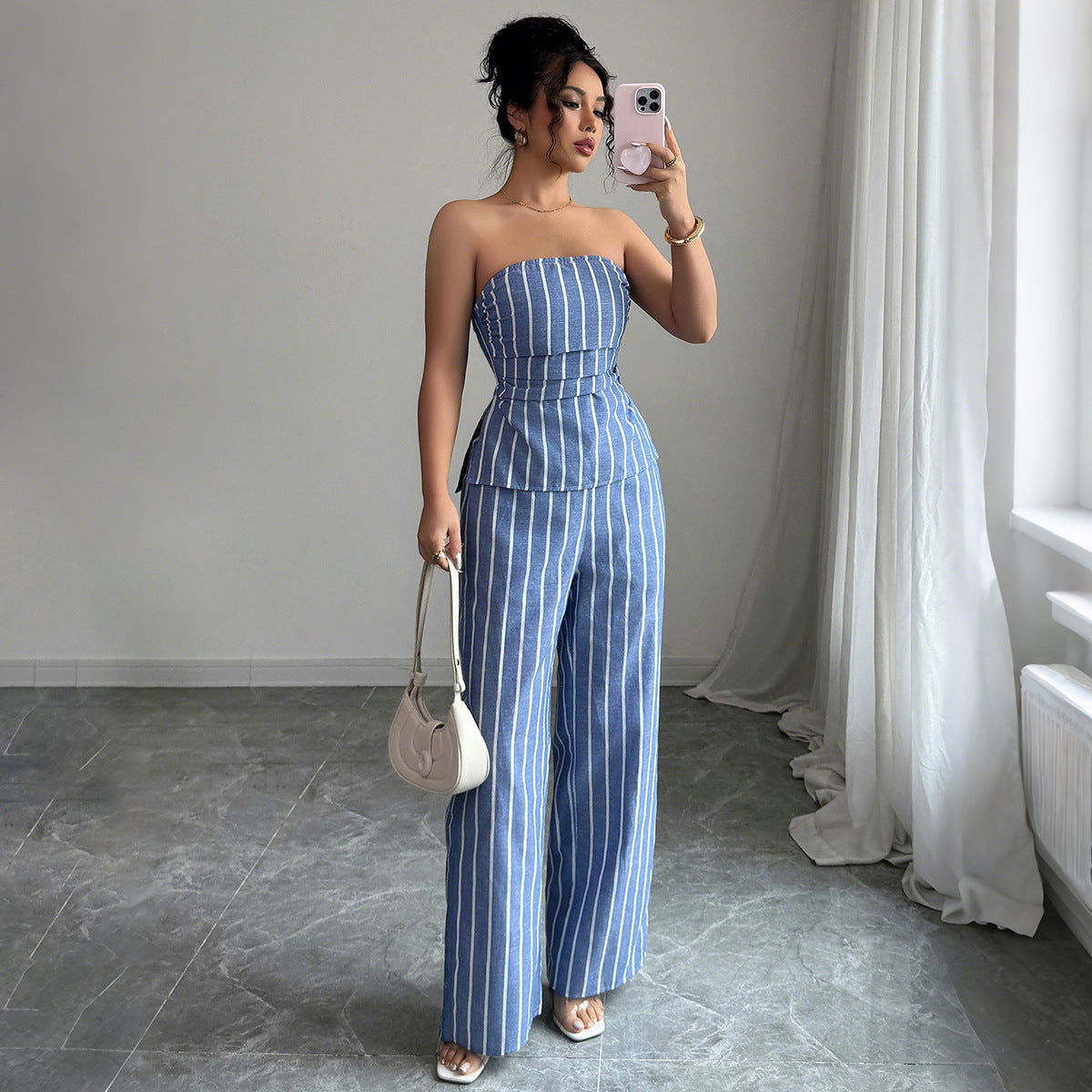 Cross-border Fashion Elegant Strapless Striped Long Pants Two-piece Set Women's Clothing2025Spring and Summer Amazon Non-Iron Comfortable
