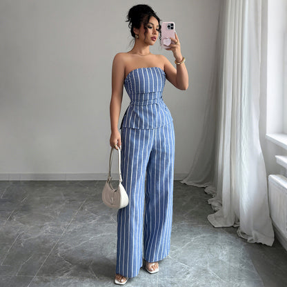 Cross-border Fashion Elegant Strapless Striped Long Pants Two-piece Set Women's Clothing2025Spring and Summer Amazon Non-Iron Comfortable