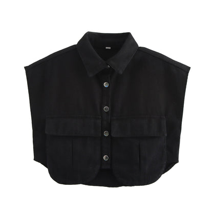 Amazon Women's Solid Color Large Pocket Sleeveless High-End Cardigan Polo Collared Shirt Denim Top A19846