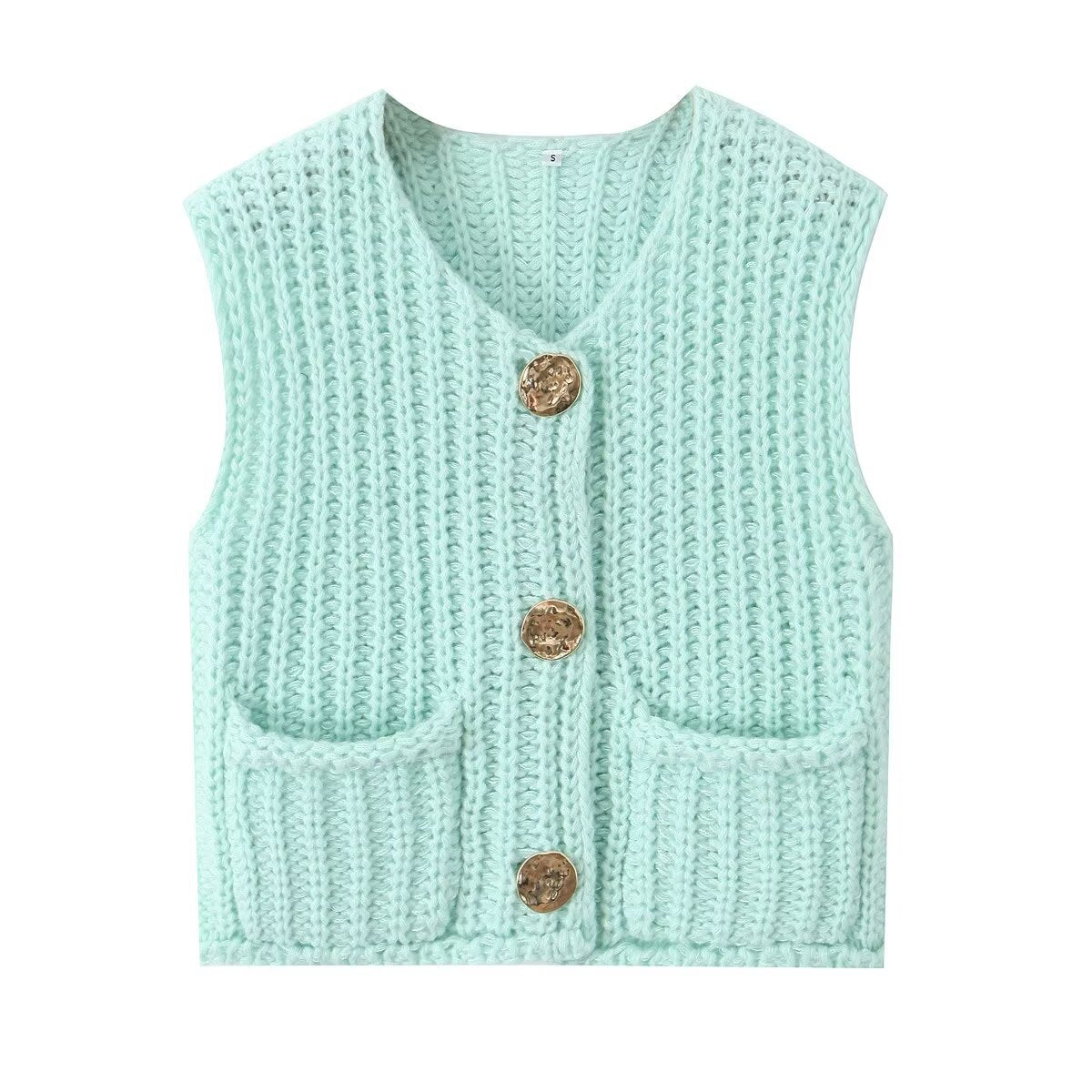 11Color Amazon2024Spring and Autumn New Women's Fashion European and American Style Pocket Sleeveless Short Knitted Cardigan Vest