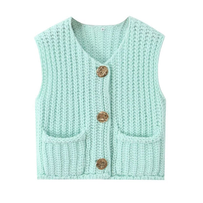 11Color Amazon2024Spring and Autumn New Women's Fashion European and American Style Pocket Sleeveless Short Knitted Cardigan Vest