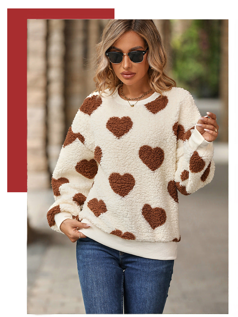 Shiny Velvet2023Cross-border Women's Fashion European and American Style Autumn Winter New Plush Heart Print Loose Long Sleeve Round Neck Pullover Sweatshirt