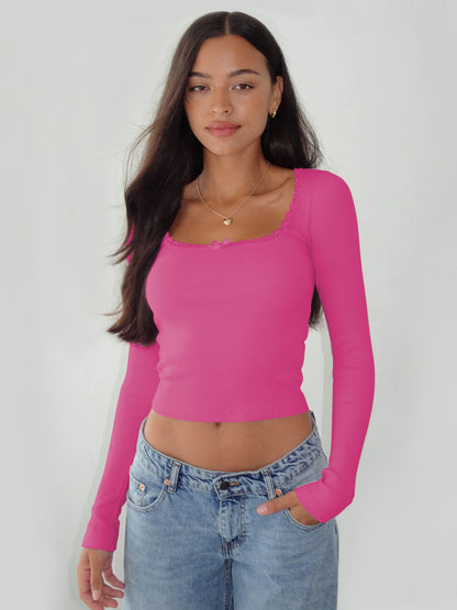 New Long Sleeve t T-shirt Women's Clothing wish Cross-border Trendy Brand Slim Fit Lace Patchwork Hot Girl Top U Collared Base Shirt