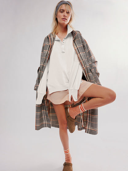 2024Amazon Hot-Selling Design Women's High-Quality Lantern Sleeve Decorative Line Split Collar Loose Sweatshirt