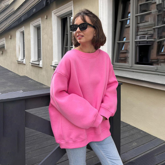 Cross-border Round Neck Loose Sweatshirt for Women European and American Style2025Autumn and Winter Street Solid Color Oversize Polar Fleece Pullover Sweatshirt