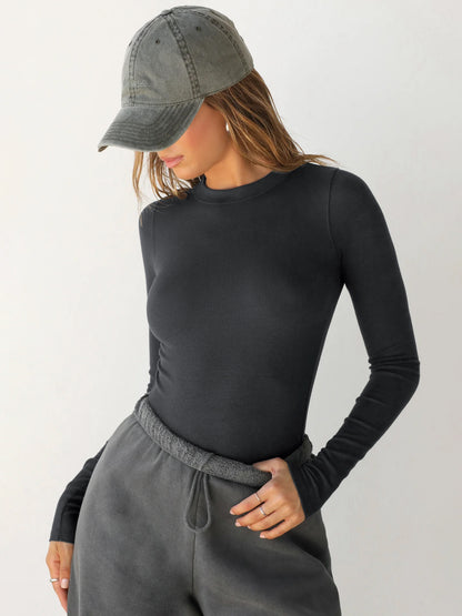 2025New Y2K Threaded Crew Neck Long Sleeve Shirt T Women's T-Shirt Base Layer Slim Fit Off-Shoulder Hot Girl Top Pure Desire
