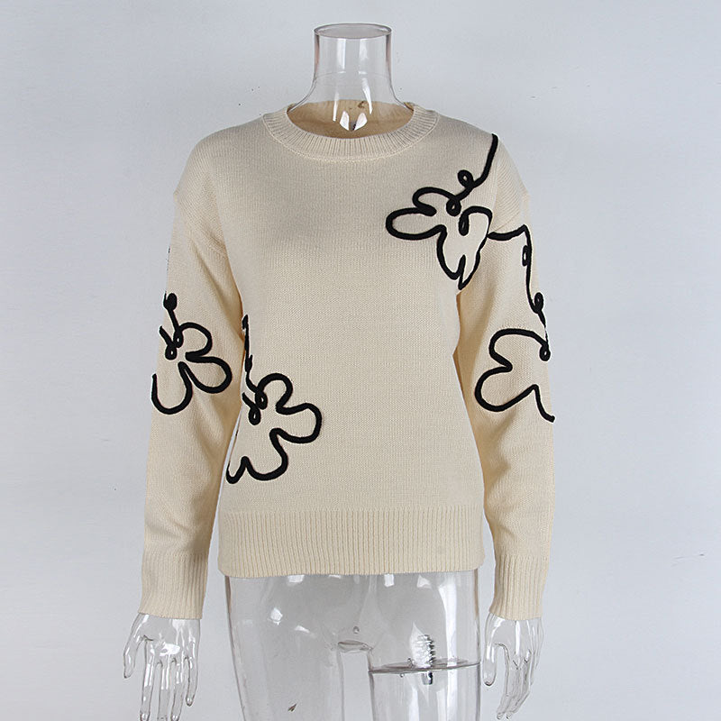 Cross-Border European and American Autumn Winter New Women's Sweater Fashion Flower Three-Dimensional Embroidery Round Neck Pullover Long Sleeve Knitted Sweater for Women